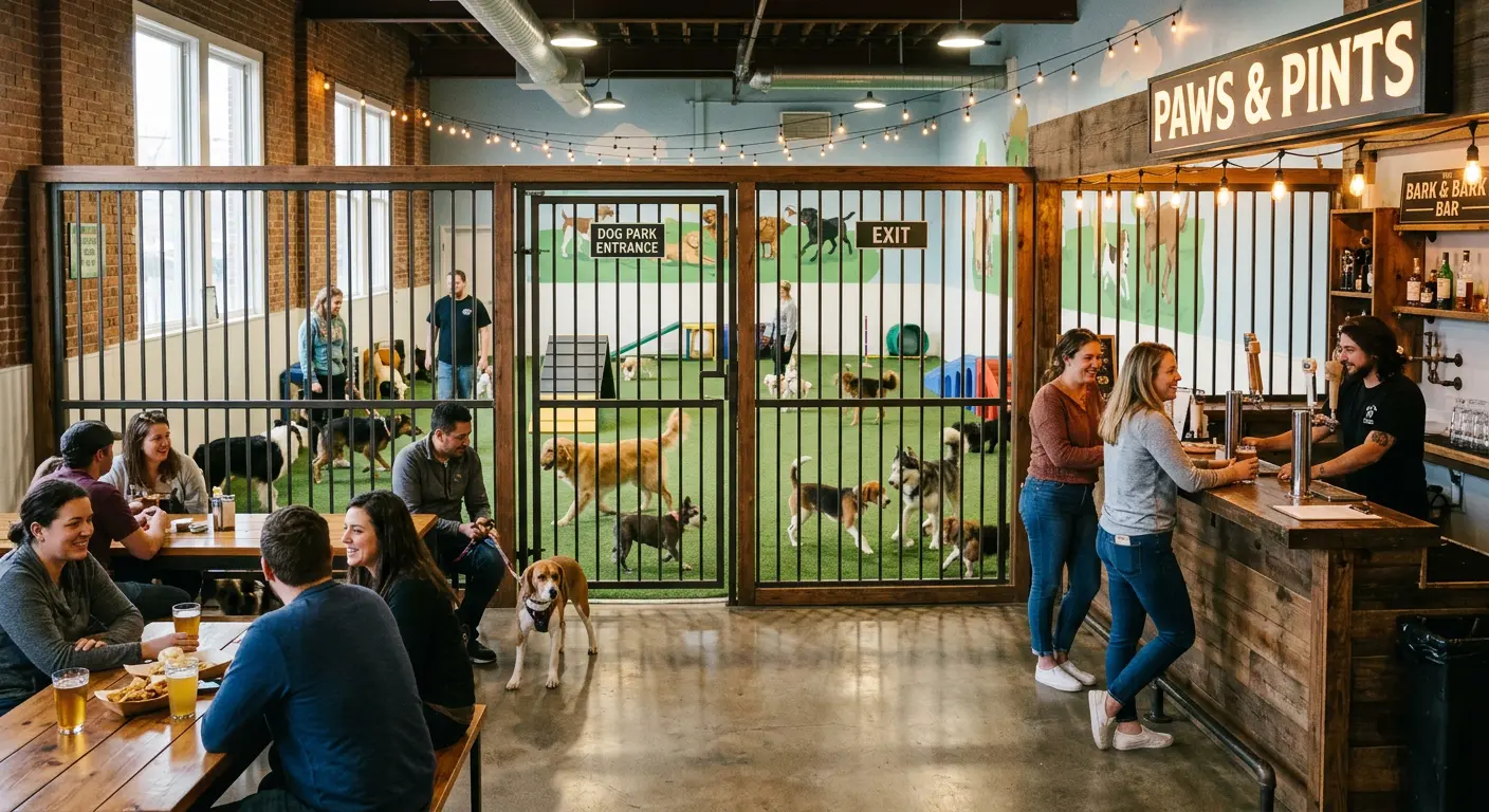 Dogs playing at an indoor dog park with a bar