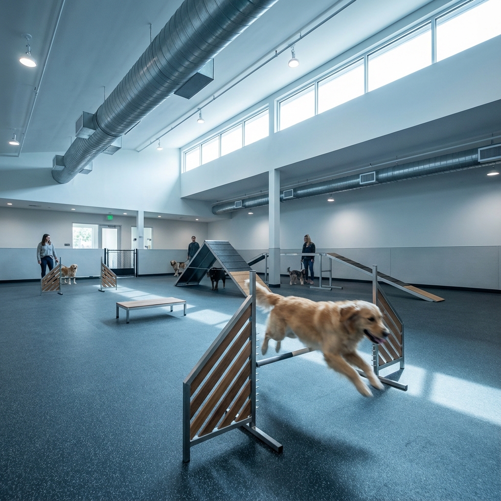 Modern indoor dog park facility with agility equipment